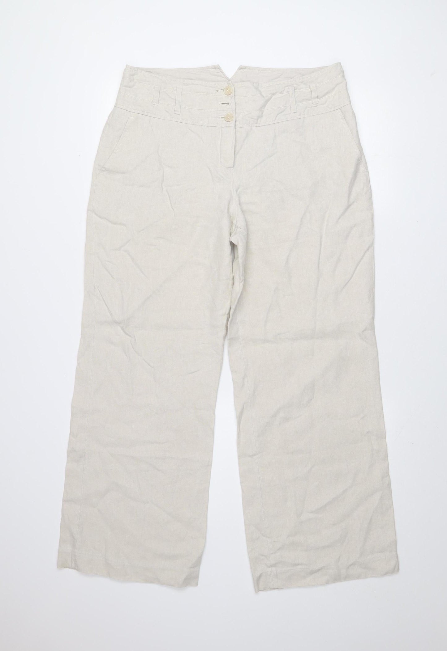Next Womens Beige Linen Wide-Leg High Rise Trousers Size 14