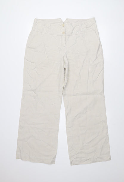 Next Womens Beige Linen Wide-Leg High Rise Trousers Size 14