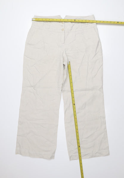 Next Womens Beige Linen Wide-Leg High Rise Trousers Size 14