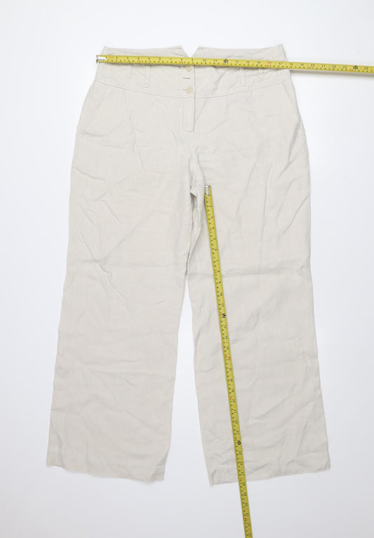 Next Womens Beige Linen Wide-Leg High Rise Trousers Size 14
