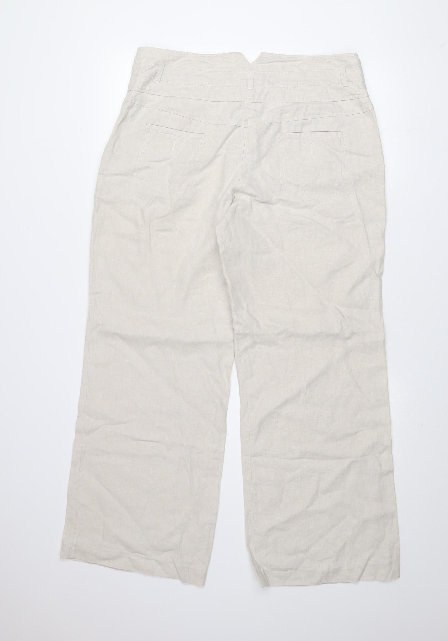 Next Womens Beige Linen Wide-Leg High Rise Trousers Size 14