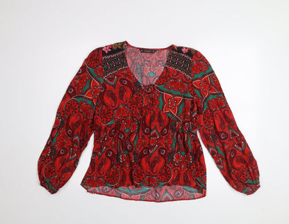 Dunnes Women Red Paisley Bohemian Long Sleeve V-Neck Blouse M