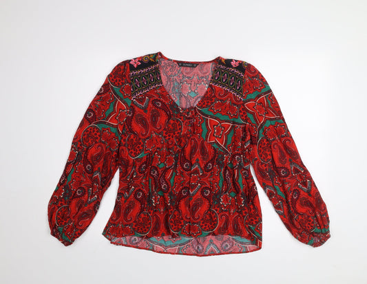 Dunnes Women Red Paisley Bohemian Long Sleeve V-Neck Blouse M