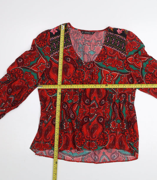 Dunnes Women Red Paisley Bohemian Long Sleeve V-Neck Blouse M
