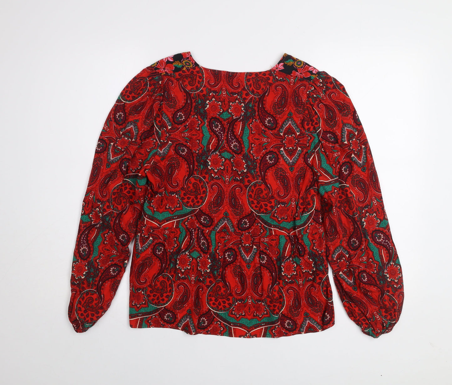 Dunnes Women Red Paisley Bohemian Long Sleeve V-Neck Blouse M