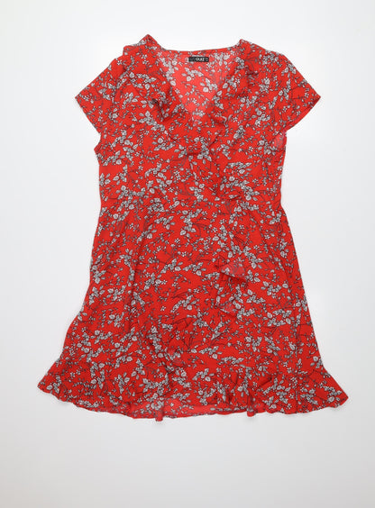 Quiz Women Red Floral Ruffle Wrap Dress Size 16