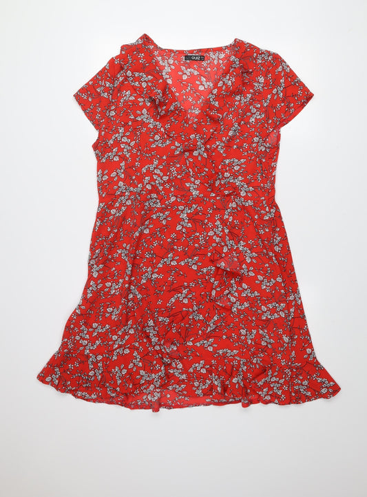 Quiz Women Red Floral Ruffle Wrap Dress Size 16