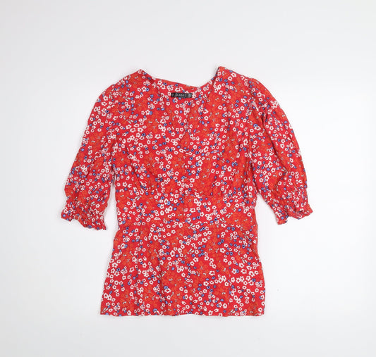 Dunnes Womens Red Floral V-Neck 3/4 Sleeve Tunic Blouse XS