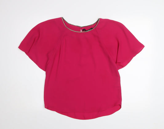 Dunnes Women’s Pink Beaded Neck Blouse Size 8 Flutter Sleeve