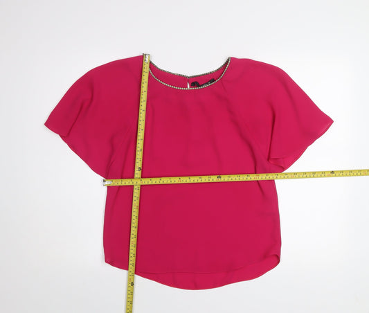Dunnes Women’s Pink Beaded Neck Blouse Size 8 Flutter Sleeve
