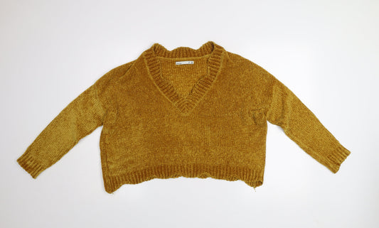 Lefties Women Gold V-Neck Chunky Knit Pullover Jumper Size 8