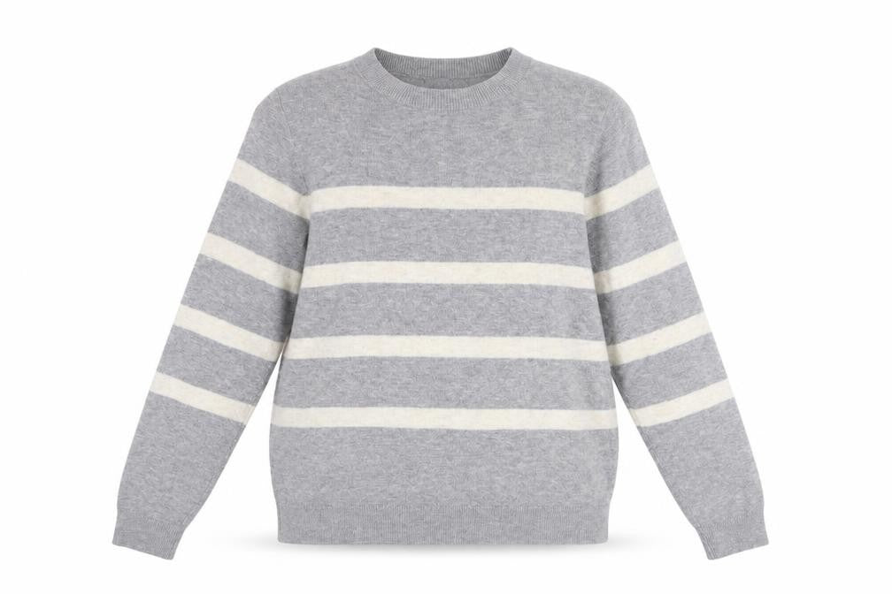 Front view of Dunnes Women Grey Striped Knit Crew Neck jumper M