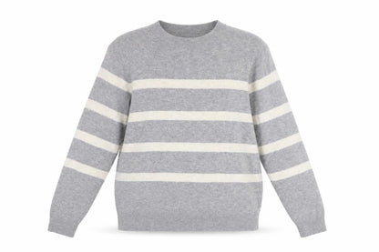 Front view of Dunnes Women Grey Striped Knit Crew Neck jumper M