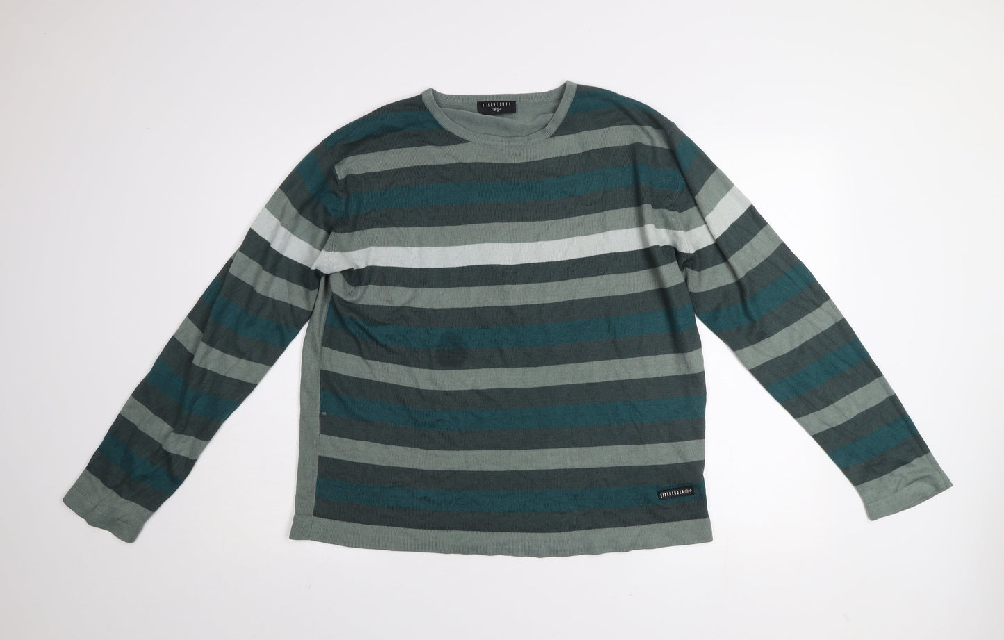 Eisenegger Mens Green Striped Cotton Crew Neck Jumper Size L