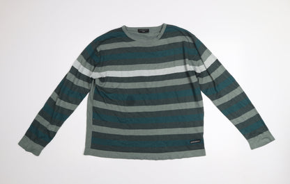 Eisenegger Mens Green Striped Cotton Crew Neck Jumper Size L