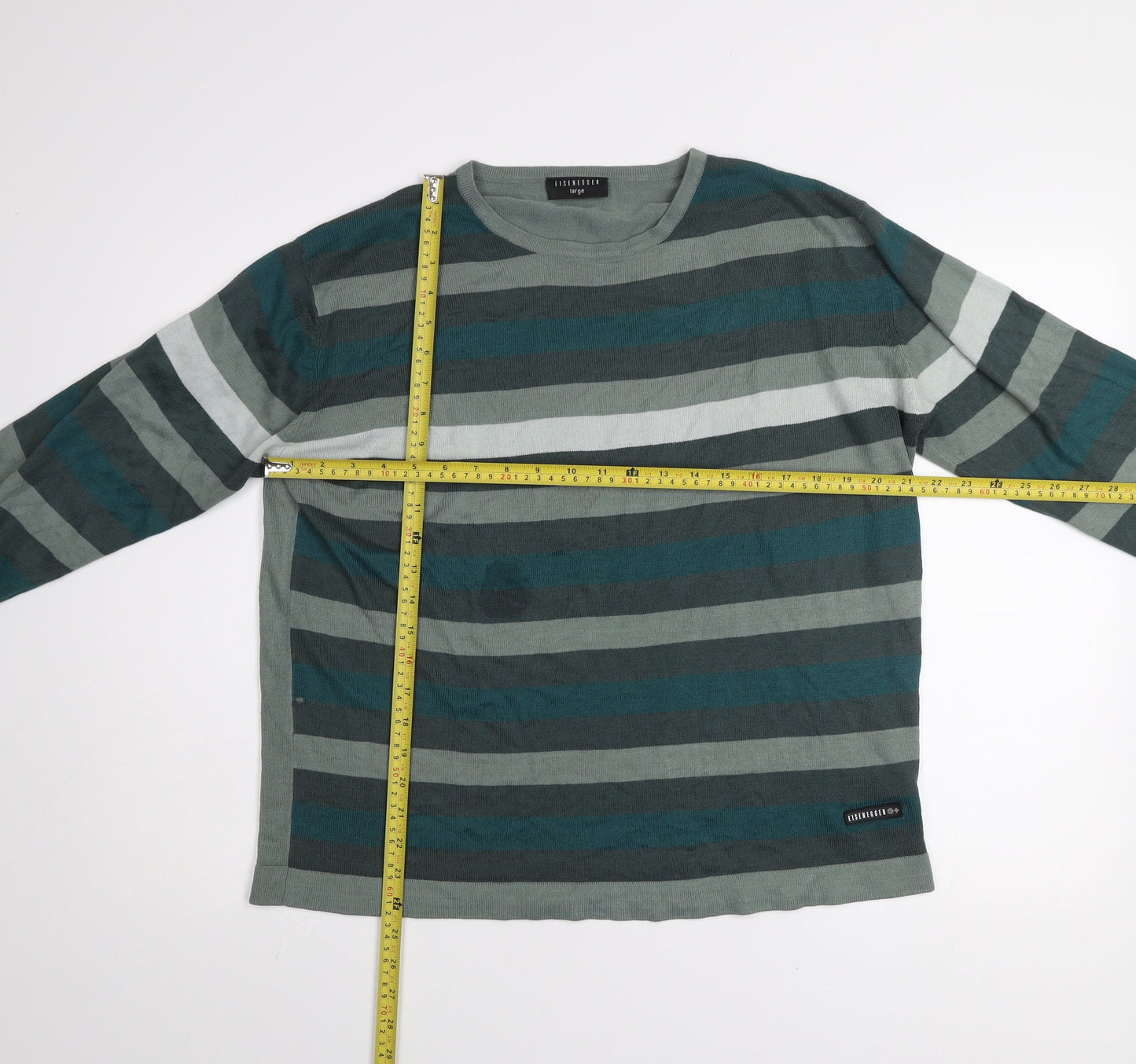 Eisenegger Mens Green Striped Cotton Crew Neck Jumper Size L