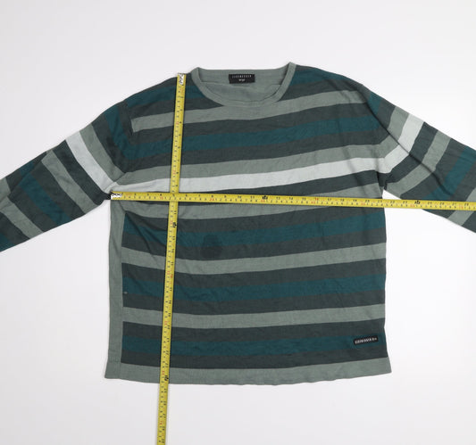 Eisenegger Mens Green Striped Cotton Crew Neck Jumper Size L