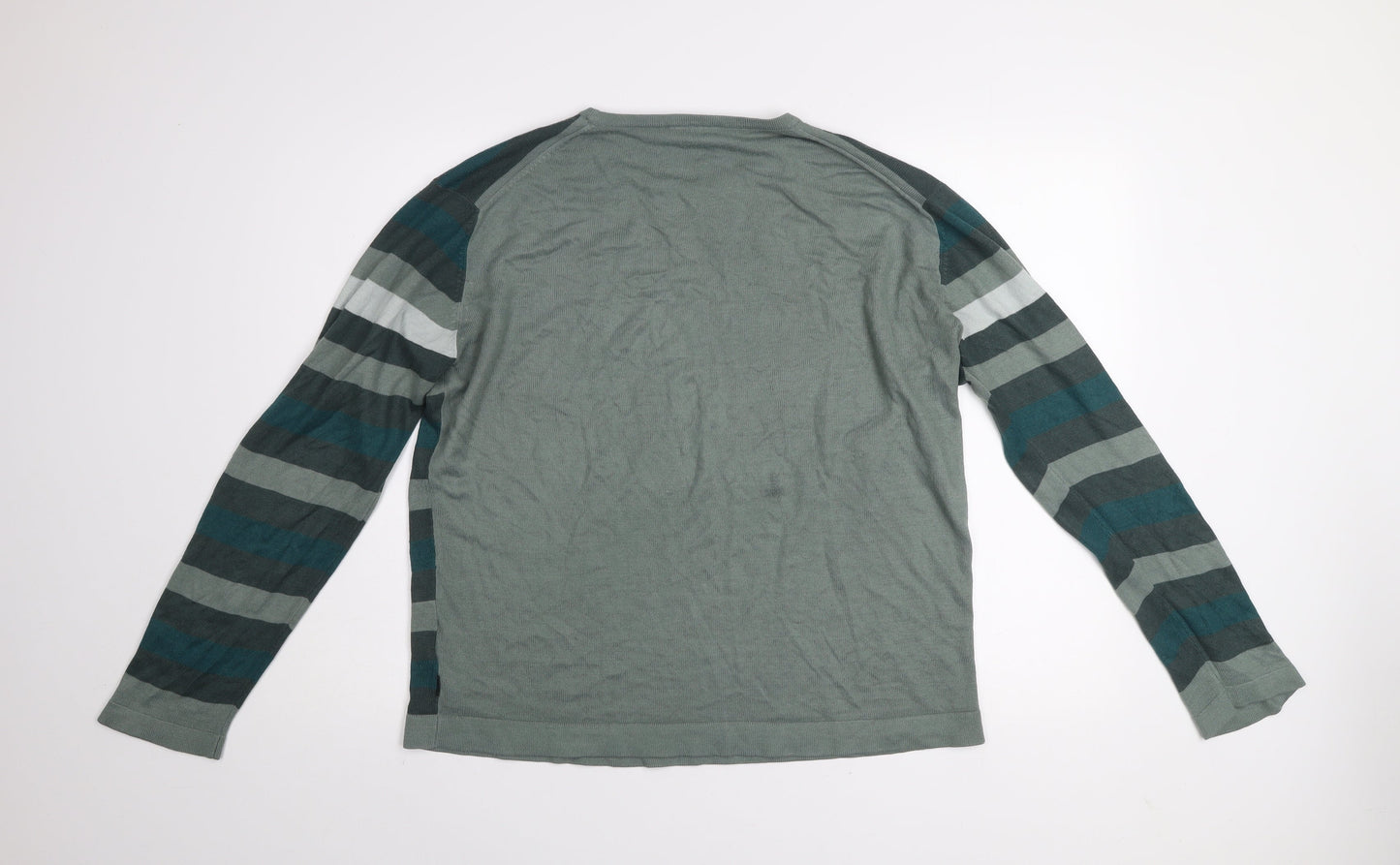 Eisenegger Mens Green Striped Cotton Crew Neck Jumper Size L