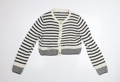 Primark Women Black & White Striped Cotton Cardigan M V-Neck Knit