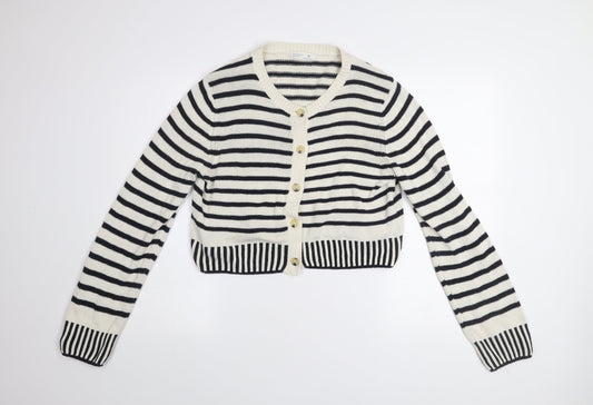 Primark Women Black & White Striped Cotton Cardigan M V-Neck Knit