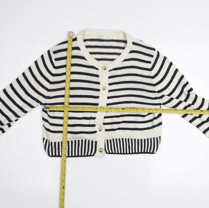 Primark Women Black & White Striped Cotton Cardigan M V-Neck Knit