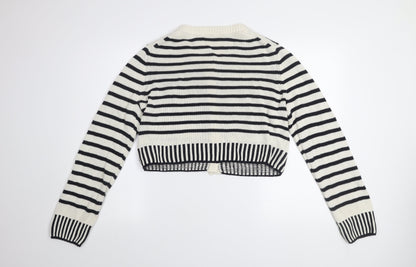 Primark Women Black & White Striped Cotton Cardigan M V-Neck Knit