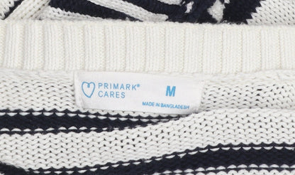 Primark Women Black & White Striped Cotton Cardigan M V-Neck Knit