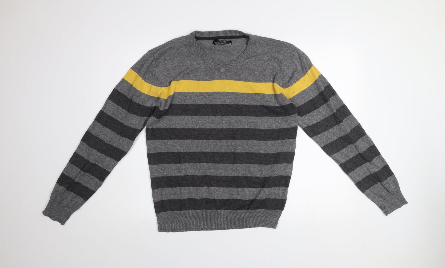 Losan Men's Grey Striped Cotton V-Neck Pullover Jumper M