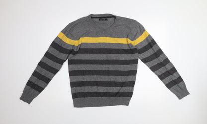 Losan Men's Grey Striped Cotton V-Neck Pullover Jumper M