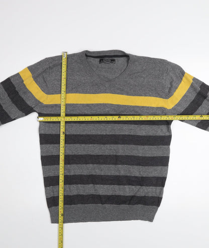 Losan Men's Grey Striped Cotton V-Neck Pullover Jumper M