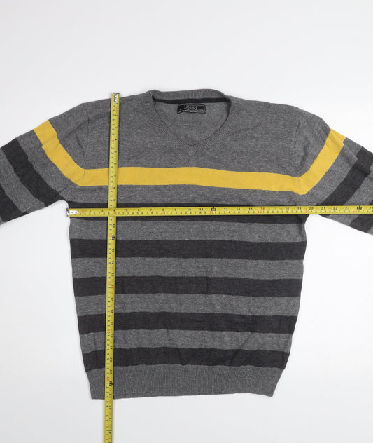 Losan Men's Grey Striped Cotton V-Neck Pullover Jumper M