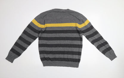 Losan Men's Grey Striped Cotton V-Neck Pullover Jumper M