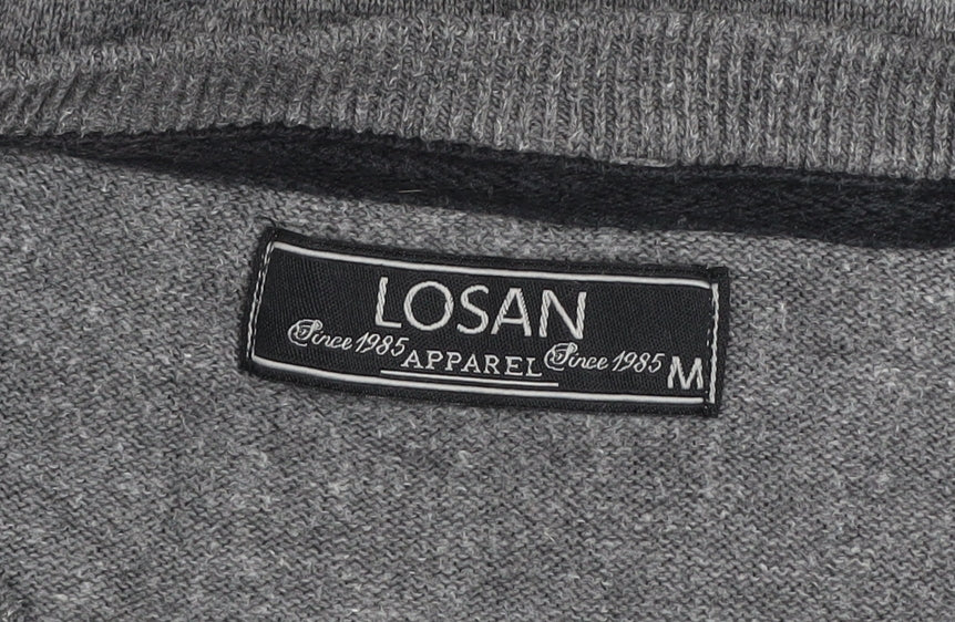 Losan Men's Grey Striped Cotton V-Neck Pullover Jumper M