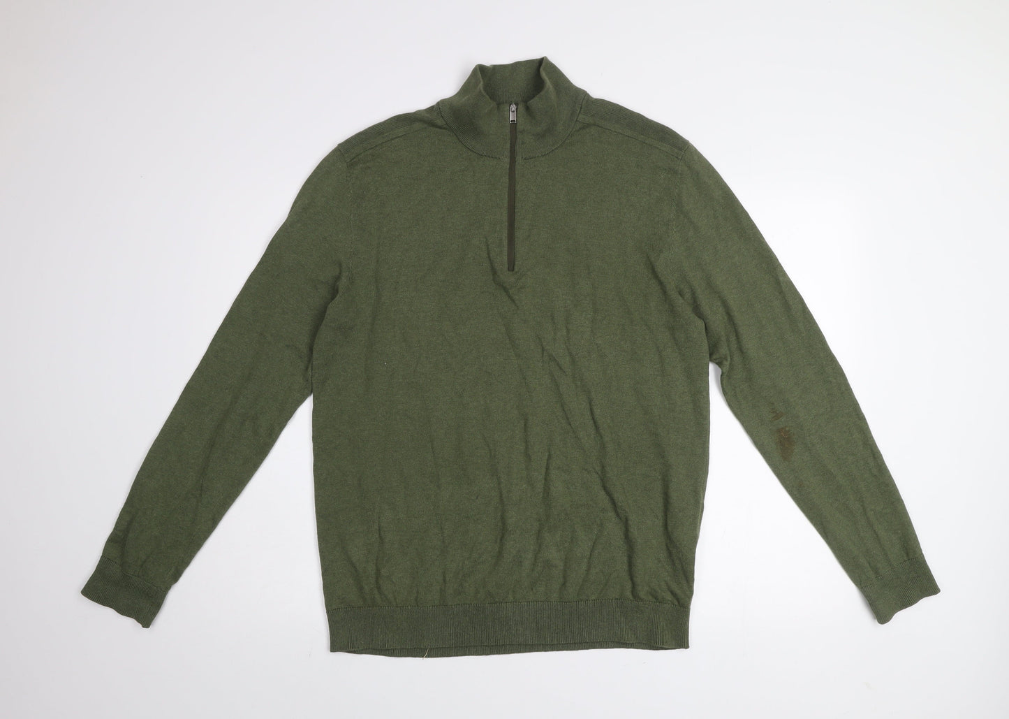 Selected Homme Men's Green Cotton 1/2 Zip High Neck Jumper L