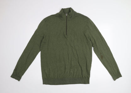Selected Homme Men's Green Cotton 1/2 Zip High Neck Jumper L