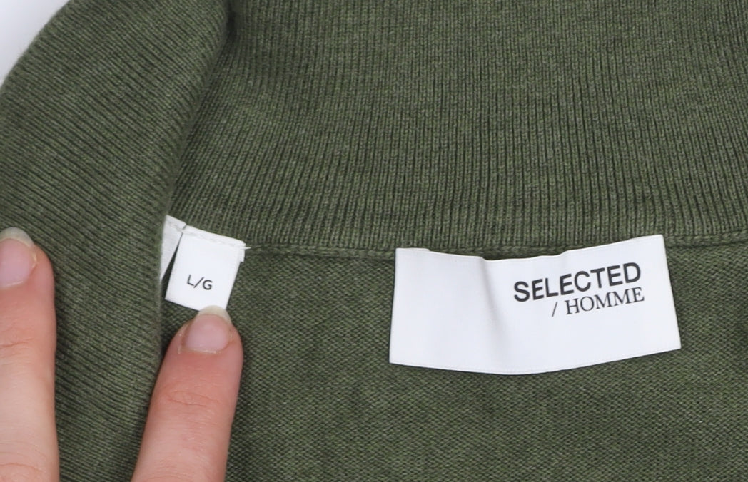 Selected Homme Men's Green Cotton 1/2 Zip High Neck Jumper L
