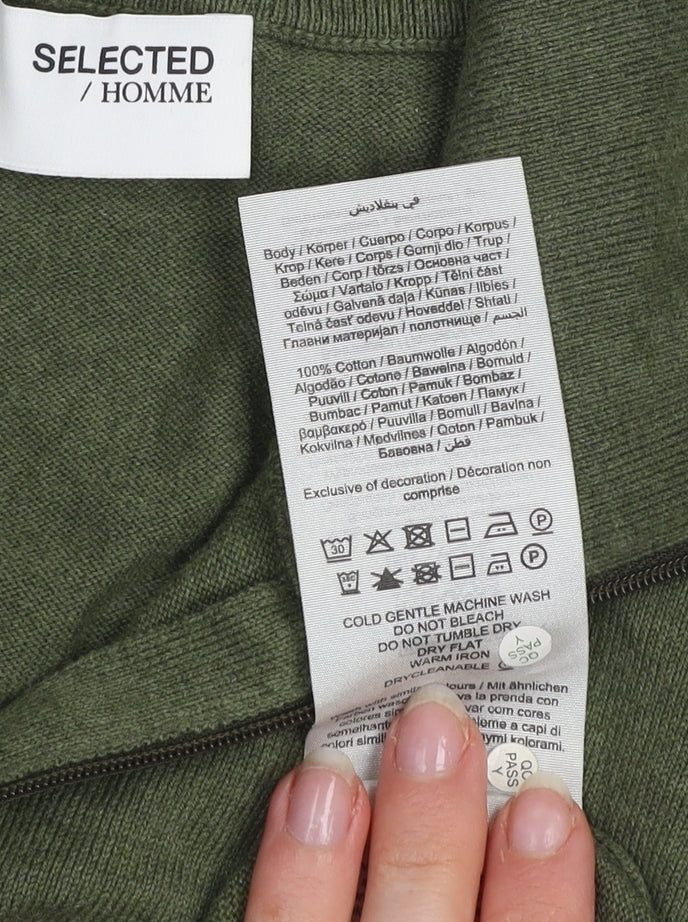 Selected Homme Men's Green Cotton 1/2 Zip High Neck Jumper L