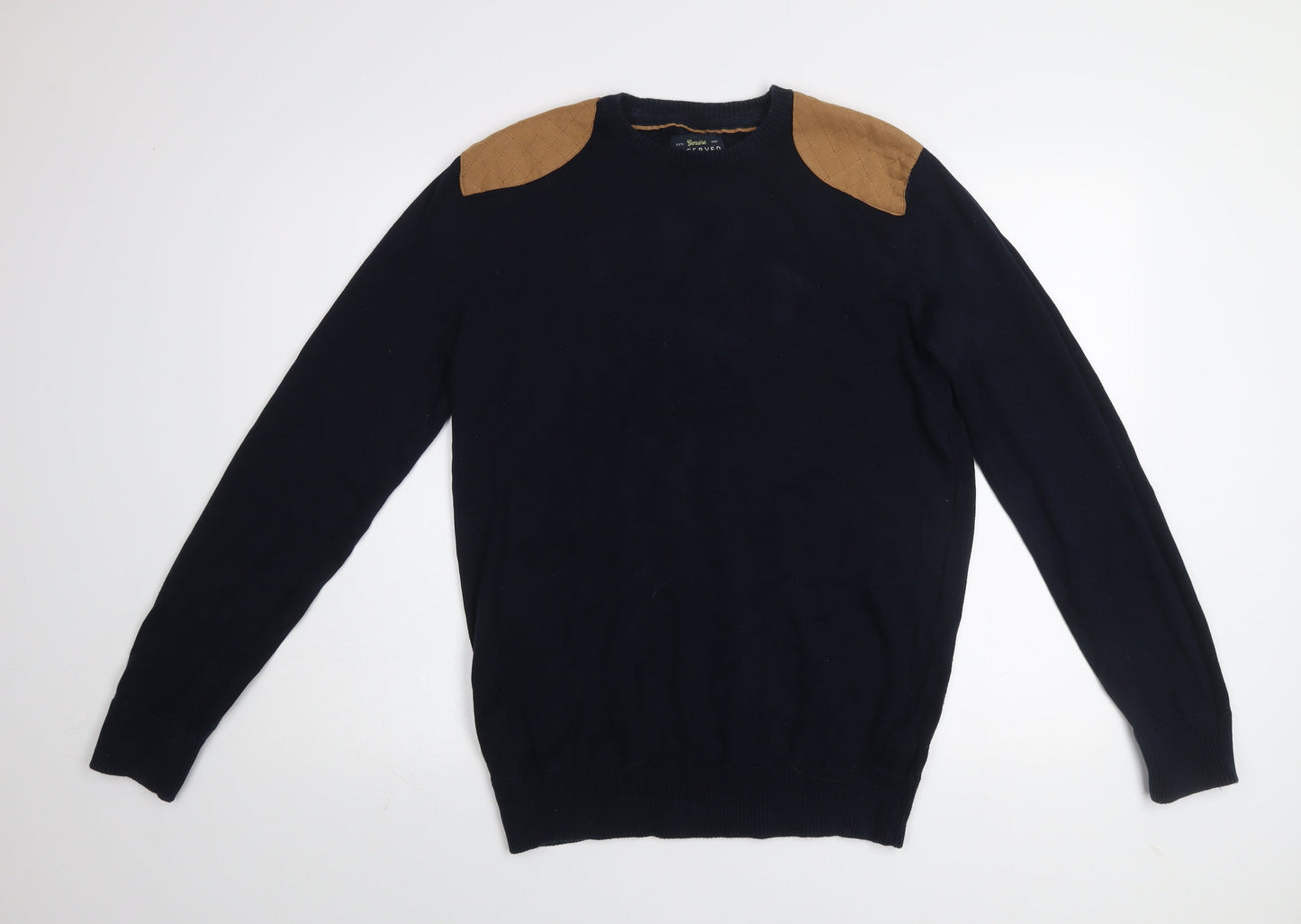 Reserved Men's Navy Blue Cotton Crew Neck Quilted Shoulder Jumper L