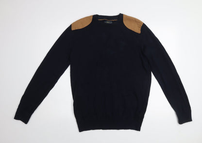 Reserved Men's Navy Blue Cotton Crew Neck Quilted Shoulder Jumper L