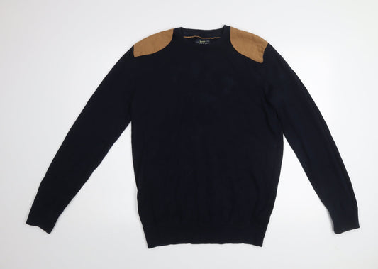 Reserved Men's Navy Blue Cotton Crew Neck Quilted Shoulder Jumper L