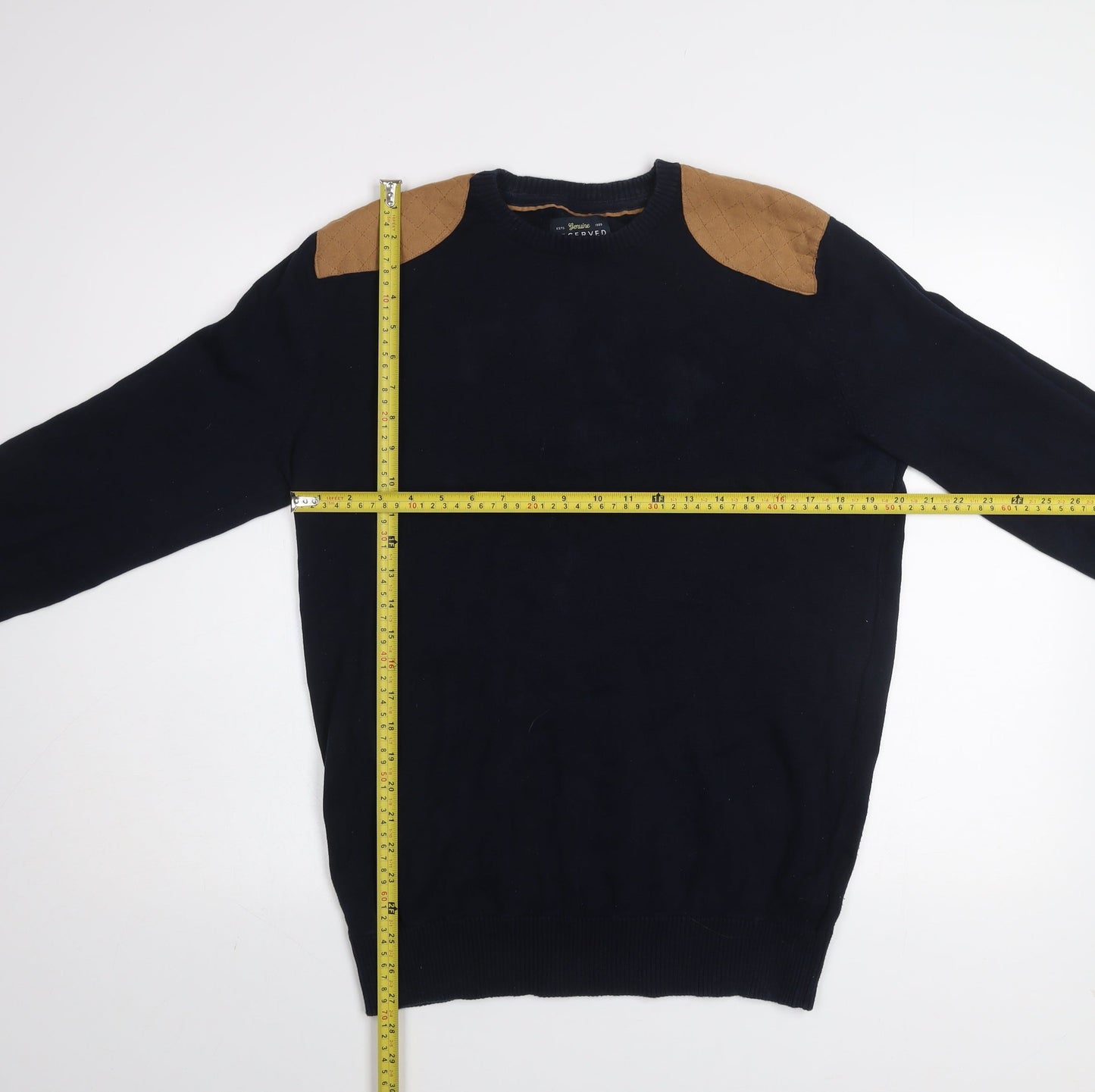 Reserved Men's Navy Blue Cotton Crew Neck Quilted Shoulder Jumper L