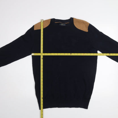 Reserved Men's Navy Blue Cotton Crew Neck Quilted Shoulder Jumper L