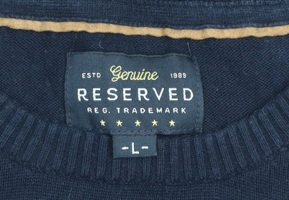 Reserved Men's Navy Blue Cotton Crew Neck Quilted Shoulder Jumper L