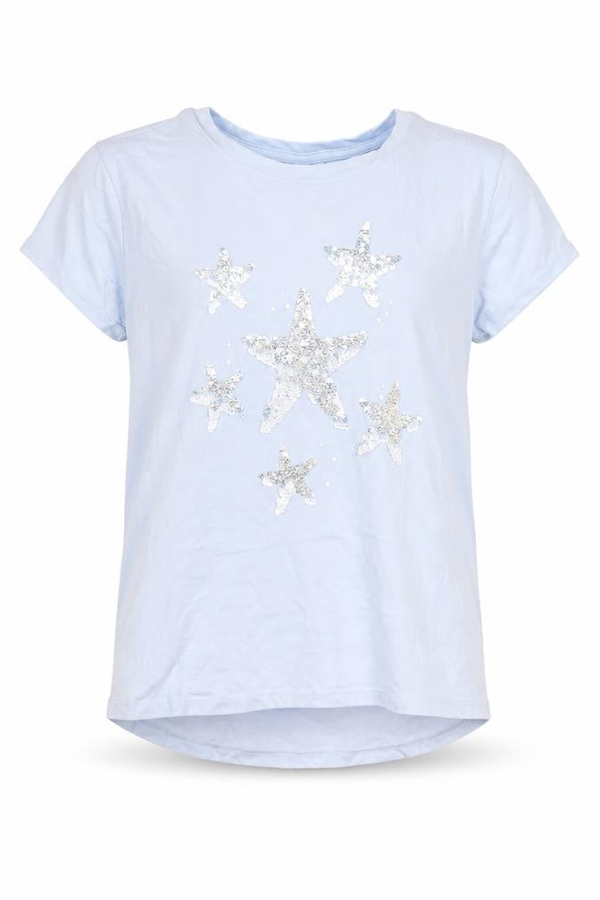 Front view of Gap Kids girls’ blue sequin star graphic t-shirt xl short sleeve
