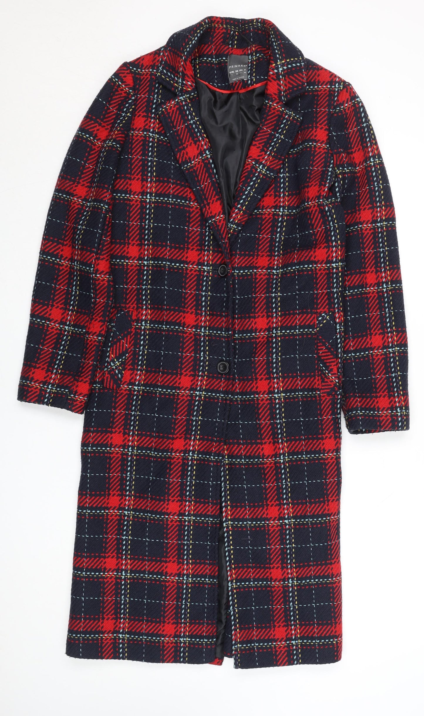 Primark Women’s Red Check Long Overcoat Size 8 Wool Blend
