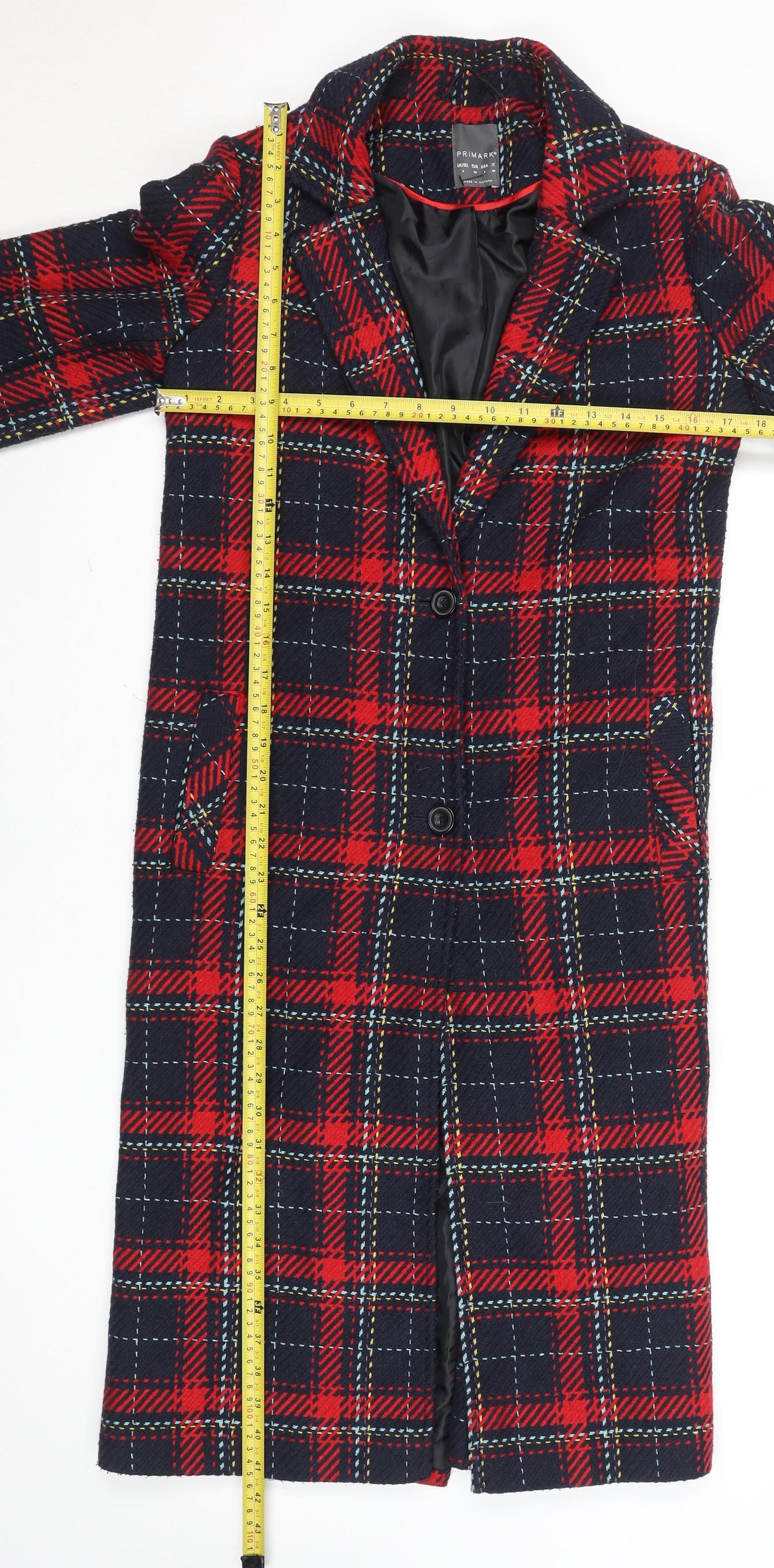 Primark Women’s Red Check Long Overcoat Size 8 Wool Blend