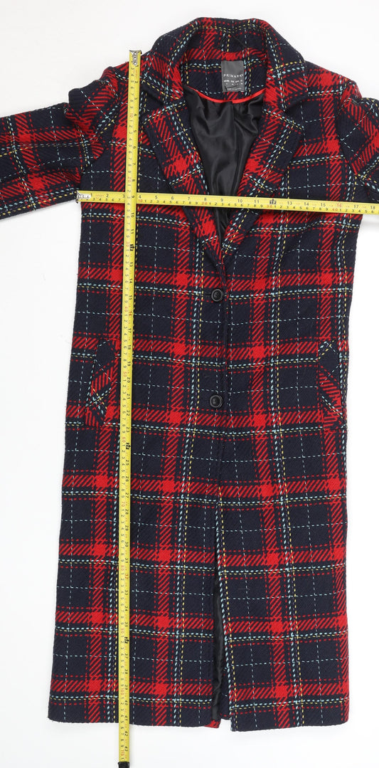 Primark Women’s Red Check Long Overcoat Size 8 Wool Blend