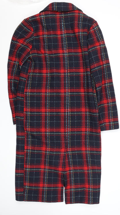 Primark Women’s Red Check Long Overcoat Size 8 Wool Blend