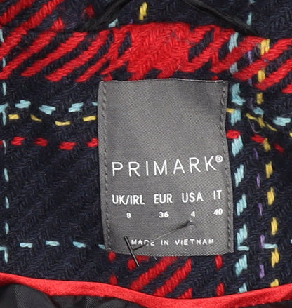 Primark Women’s Red Check Long Overcoat Size 8 Wool Blend