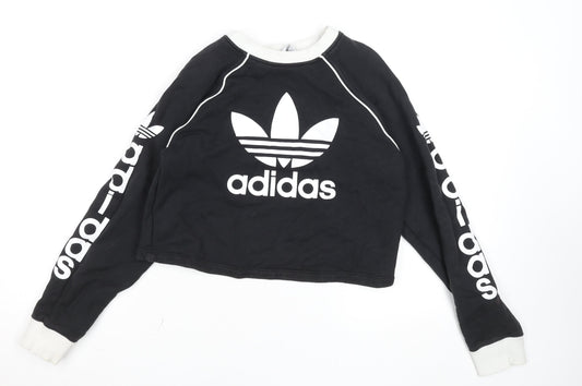 Adidas Womens Black Crop Pullover Sweatshirt UK 4 Cotton Logo Long Sleeve